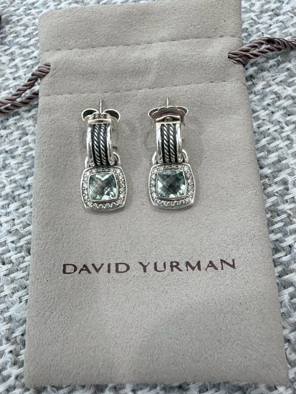 David Yurman Silver Drop Earrings with Green Amethyst